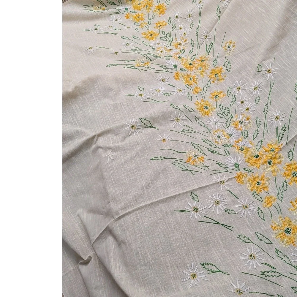 Vintage Hand Embroidered Floral Tablecloth Yellow White Daisy Cross Stitch 58x84
